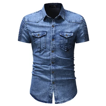 Jaunas džinsa apģērbu ārējās tirdzniecības īss piedurknēm krekls personības izšūšanas pleated sleeve džinsa krekls vīriešu apģērbu 2018 M-XXXL 3037