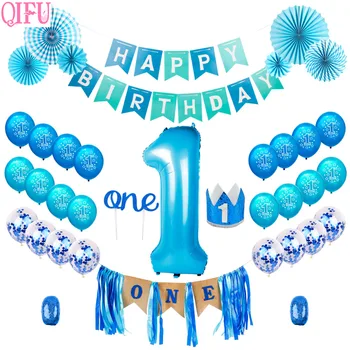 QIFU Blue Boy 1. Dzimšanas dienas Rotājumi Krēsli, Bērnu Dušas Puika Cepuri Banner Viena Kūka Topper Happy Birthday Party Piederumi 6234