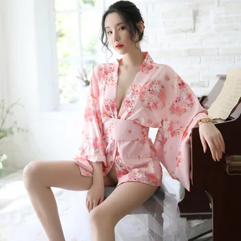 Sakura Sieviešu Kimono Kleita Japāņu Stila Yukata Peldmētelis Gesha Sexy Dziļu V-veida kakla Haori Mini Peldēšanās Tērpu Apakšveļa Sleepwear 2420
