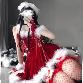 Ziemassvētku Ziemsvētki Puse Bumbu Kleita Lady Santa Claus Cosplay Kostīmu Sexy Apakšveļa Siltie Samta Kleitas Meitene Viesmīle Vienotu 5319
