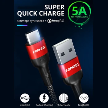 FONKEN 5A Kabeli Supercharge 40W USB C Stieples Ātri Lādētāja Tips-C 1M Samsung, Huawei Xiaomi Ātrās Uzlādes Kabeļi