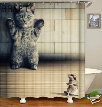 Funny Pet Kitten Dušas Aizkars Kaķis Paļaušanās Uz Pelēm Modelis, Ūdensnecaurlaidīga Multi-izmērs Cortin De Bano Vannasistabas Dekoru ar Āķi