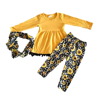 Mazumtirdzniecības saulespuķu apģērbs mazulim meitenes, rudenī dzeltens set 3pcs ar šalli mazulis boutique bērnu apģērbs, kostīmi ar leopard