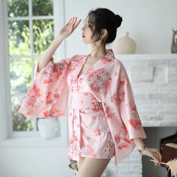 Sakura Sieviešu Kimono Kleita Japāņu Stila Yukata Peldmētelis Gesha Sexy Dziļu V-veida kakla Haori Mini Peldēšanās Tērpu Apakšveļa Sleepwear