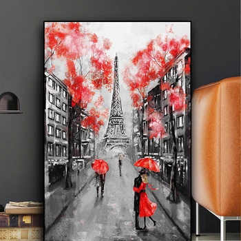 Romantiska Pilsētu Pāra Parīzes Eifeļa Tornis, Eļļas Glezna uz Audekla Mākslas Cuadro Plakāti un Izdrukas Ziemeļu Sienas Attēlu Dzīvojamā Istaba
