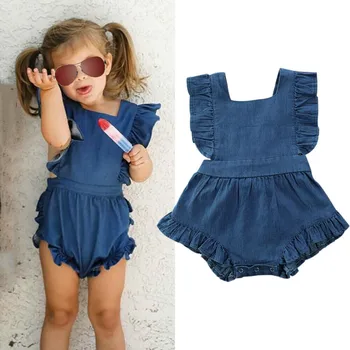 0-24M Toddler Bērniem, Baby Meitenes Savirmot Bodysuits Drēbes Ruffles Īsām Piedurknēm Zilās Džinsa Jumpsuit Vasaras Apģērbs 26222