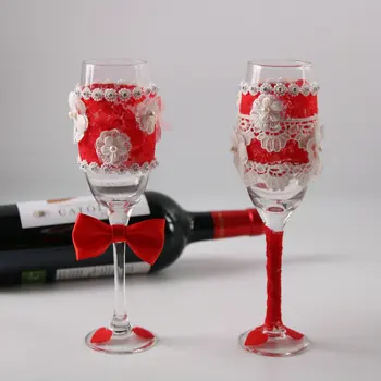 1 pāris/daudz sarkanu mežģīņu kristāla Kāzu Līgavas Dušas Dāvanu kāzu Šampanieša Toasting Brilles Komplekts Bowknot kāzu vīna kauss