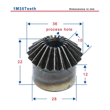 1M35teeth konusveida gear ārējais diametrs 36 mm kopējais augstums ir 22 mm, process caurumu zemu oglekļa tērauda materiāls, pārnesumu