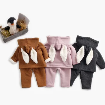 2018. gada Ziemas Jaundzimušo Bērnu, zēnu, meiteņu Apģērba komplekts Bērniem, apģērbs 2gab Zaķis Auss Vilnas Kapuci Mētelis +Bikses Bērniem, Biezs, silts Tērps