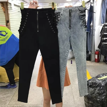2019 Jaunā Sieviešu Modes Jauni Džinsi Potītes garuma Bikses Eiropā Karstā Pārdošanas Mežģīnes-Up Bowknot Slim Pencil Bikses Stilīgu Sieviešu Panter