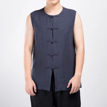 2019. gada vasarā jaunu augstas kvalitātes ērti, elpojoši vīriešu ikdienas veste Ķīniešu stilā vienā rindā pogas, lina veste M-4XL