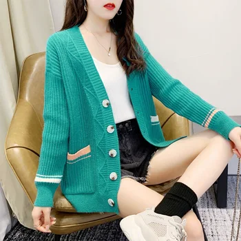 2020. gada Rudenī Jaunu Jaku Jaka Sieviešu Vienu pogu Džemperis Visu maču Kabatas ar garām Piedurknēm Džemperis