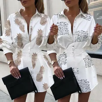 2020. gada Vasaras Rudens Modes Sievietes ar garām Piedurknēm Blūzes Pogu, V Kakla Vēstules ananāsu drukāt Augstā Vidukļa Kolekcija Blūzes Augšu