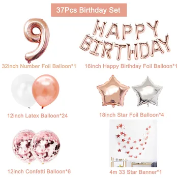 37pcs Rose Gold Baloni Skaits 9 Folijas gaisa Balons Happy Birthday Puse Rotājumi 9 Meitene, Zēns 9 Gadiem Dzimšanas dienā Piederumi