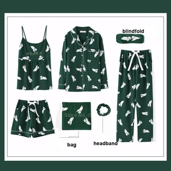 7PCs Pidžamas Komplekts korejiešu Stilā Sievietēm Sleepwear Kokvilnas Gadījuma Pidžamas Karikatūra Flamingo Kawaii Atpūtas Mājas Valkāt Pilnu Piedurknēm