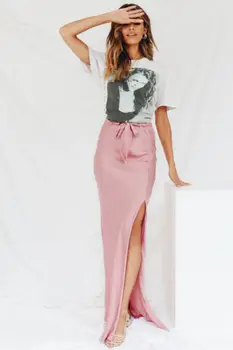 ASV Sieviešu Modes Sadalīt Satīna Sen Maxi Svārki Vakara Cocktai Sundress Saistīts Bowknot Cietie
