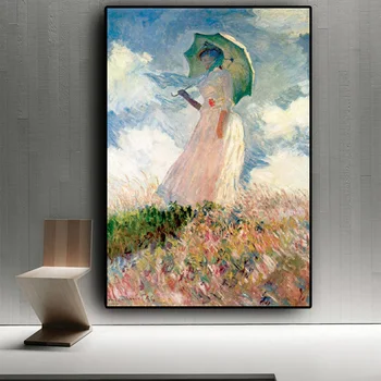 Anotācija Sieviete ar Saulessargs Madame Claude Monet, Eļļas Glezna uz Audekla Plakāti un Izdrukas Sienas Mākslas Aina Dzīvojamā Istaba