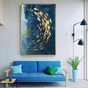 Anotācija Zelta Zivis Ķīnas Kanvas Glezna Big Blue Plakātu Drukas Greznu Sienas Mākslas Dzīvojamā istaba Eju Zelta tableaux Attēlu