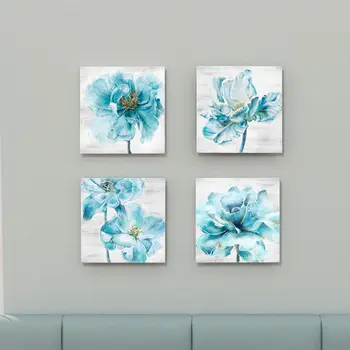 Aqua White Flower Sienas Mākslas Audekls Gleznošanai Botānikas Plakātu par Mūsdienu Dzīvojamā Istaba Guļamistaba Dekori Zils Pelēks Vannas istaba Bildes