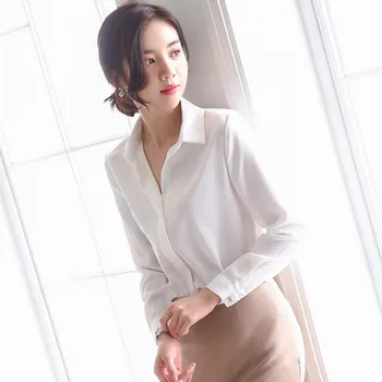 Biroja Nodilumu, Eleganta Baltā Blūze Sieviešu Apģērbu Pavasara Korejas Modes Savukārt Apkakle Ar Garām Piedurknēm Dāmu Topi, Krekli Plus Lieluma