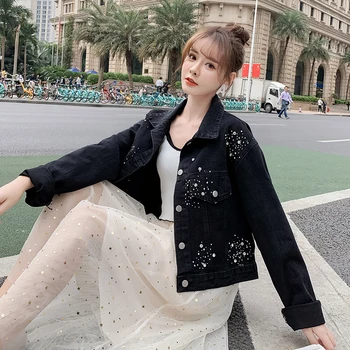 Brīvs Korejas Apģērbu Modes Dimantu Džinsa Jaka Sieviešu Mētelis Dāma 2020 