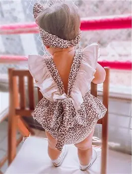Bērnu Vasaras Apģērbu Jaundzimušā bērna Baby Girl Apģērbu Leopard Jumpsuit Galvu 2gab Tērpiem