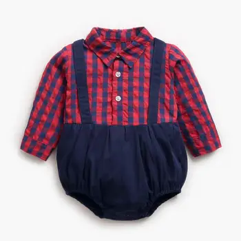 Bērnu apģērbu pleds krekls izšūšanas zēns viengabala bērnu romper bērnu drēbes pavasara un rudens jumpsuit atloks, jaundzimušo apģērbi 18227