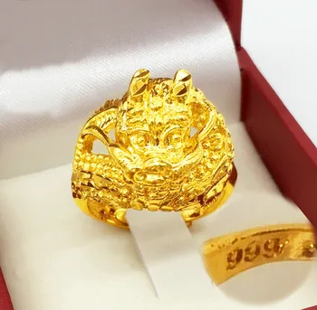 COOL Lion Head Ķīniešu pūķis Gredzeni 24 K Cietā Dzeltenā Zelta APDARI Vīriešu Dzīvnieku Sz būs zīmogs 999
