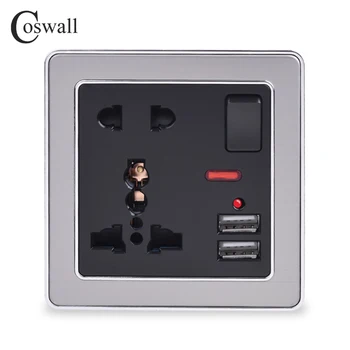 Coswall 13A Universal 5 Caurumu Ķēžu Sienas Kontaktligzda Ar Neona 2.1 Dual USB Lādētāja Ports LED indikators Melna Nerūsējošā Tērauda Rāmis