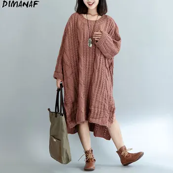 DIMANAF Plus Lieluma Džemperis Sievietēm Adīšanas Džemperi Ilgi Stila Sabiezējums Silts Modes Gadījuma Vintage Ziemas Zaudēt Jauno Gadu Kleita 7538