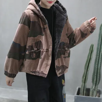 DVĒSELE TIGER 2019 Modes korejiešu Stilā, Dāmas Vintage Velveta Žaketes Sieviešu Maskēties uz Sniega Mēteli, Ziemas Gadījuma Kapuci Apģērbi