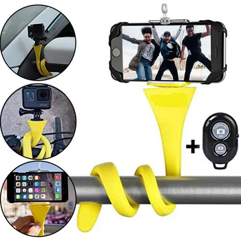 Dzeltena Elastīgu Selfie Stick Bluetooth Bezvadu Tālvadības pults, Statīvi Multi-function Monopod Tālrunis Klipu Turētājs Pārnēsājams Statīvs