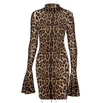 Echoine Garām Piedurknēm Leopards Drukāt Mini Kleita Izlīdzināšanu Piedurknēm Sexy Bodycon Izdilis Kluba Tērpiem