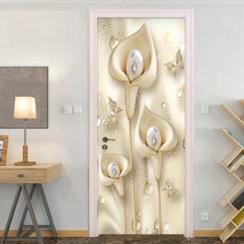 Eiropas Stilā 3D Stereo Ziedi Kalla Pērle Durvju Uzlīmes, dzīvojamo Istabu, Guļamistabu Luksus Mājas Dekoru, Sienas Uzlīmes PVC Tapetes 3 D