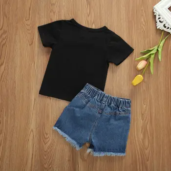 EmmababyToddler Kid Baby Meitenes Vasaras Apģērbu Komplekti Vēstuli Iespiesti Saulespuķu Topi, T-Krekls + Džinsi, Šorti Bikses Apģērbu Komplekti 1-6T