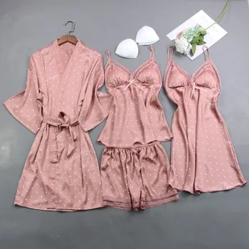 Gadījuma Drukāt 4GAB Sleepwear Sieviešu Pidžamas Uzvalks Naktsveļu Satīna Peldmētelis Kimono Kleita Sexy Naktskrekls Homewear Intīmas Apakšveļa