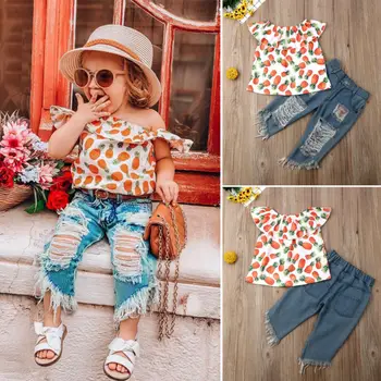 Gilr Apģērbu Komplekts Vasaras Ananāsu Krekls Un Caurumu Džinsu Bikses 2 Gab Apģērbs, Tērps Bērnu Bērni Cute Komplekti 2019 Jaunu Stilu