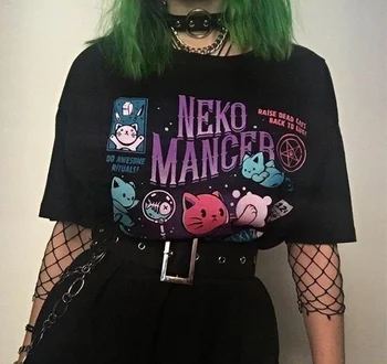 HAHAYULE Neko Mancer T-Krekls Unisex Gudrs Estētisko Grunge Black Tee Satantic Gothic Apģērbu Ragana Krekls 2508
