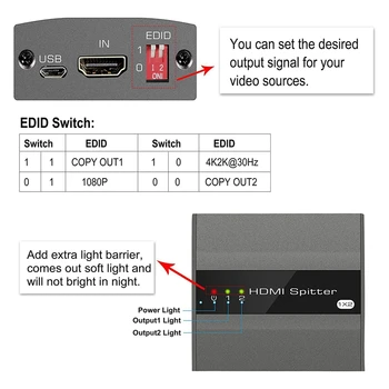HDMI Splitter 1 2 izejas Atbalsts EDID Funkciju HDMI Slēdzis 4K@30HZ,1080P,3D,HDCP1.4 Datoru, X Box Uguns TV Stick