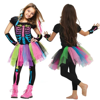 Halovīni kostīms bērniem, Meitenēm, Funky Punky Kaulu Kostīms Bērnu 2018 Skelets Šūpuļzirgs Cosplay Tutu Kleita Fancy Dress Costume