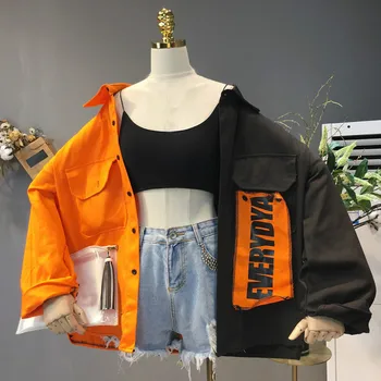 Harajuku Bomber Jacket Mēteļi Sieviešu Zaudēt Kabatas Dizainers Vēsā Sarkanā Streetwear Karstā Pārdošanas Kpop Dzeltena Pavasara krekls plānas džinsu jaka 7877