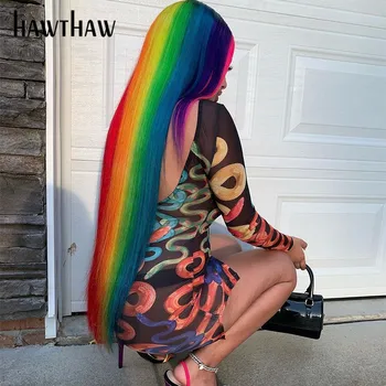 Hawthaw Sievietes Sexy Rudens Garām Piedurknēm Redzēt Cauri Čūska Drukāt Puse Kluba Bodycon Pakete Hip Mini Īsu Kleitu 2020. Gadam Samazināsies Drēbes