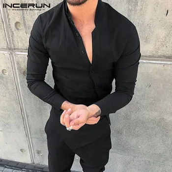 INCERUN ir 2021. Vīriešu Krekls ar garām Piedurknēm tīrtoņa Krāsu Pogas Gadījuma Nelegālo Topi Stand Apkakli Modes Streetwear Fitnesa Camisa S-5XL