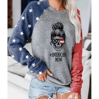 Iela hipster džemperis džemperis Tee Amerikāņu karogu galvaskausa sieviešu print t-krekls ar garām piedurknēm džemperis