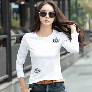 Izšūšana T Krekls Sievietēm Ar Garām Piedurknēm Jaunu Kokvilnas Slim Korejas Drēbes 2020. Gada Rudenī, Topi, T-Kreklu Sieviete Vogue T Tee Kreklu Femme