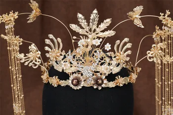 Jauna, Ķīniešu stila ilgi pušķis tauriņš Līgava Tiara ceremonija Vintage Phoenix Coronet matu, Rotaslietas sievietes 3725