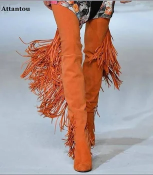 Jaunais orange zamšādas pāri celim, gari zābaki ilgi Pušķis augsta Augsta papēža kurpes sieviešu mērci kodolīgi fit kurpes skrejceļa liecina, zābaki 16324