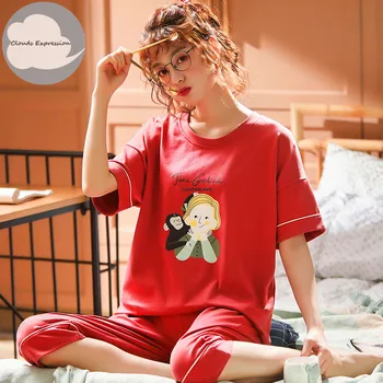 Jaunpienācēji, Adīti Kokvilnas Vasaras Īsām Piedurknēm Plus Izmērs M-5XL Sieviešu Pidžamas Pidžamas Komplekts Sievietēm Sleepwear Cute Karikatūra Pijamas