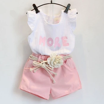 Jauns Bērnu apģērbu komplekti meitenēm Lidot piedurknēm Ziedu Kokvilnas krekls + šorti summer set sporta jostas print drēbes vēstuli 10120