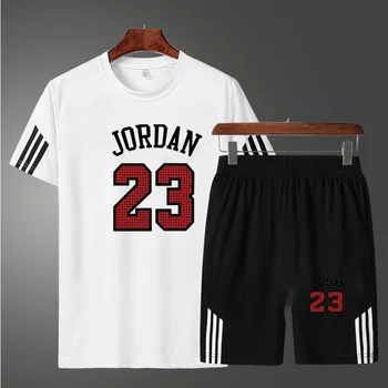 Jordānija 23 Tracksuit Apģērbu Vasaras Vīrieši, Kas Fitness Sporta Tērps, Tērpi Īsām Piedurknēm T Krekls + Šorti Ātri Žāvēšanas 2 Gabals, Kas
